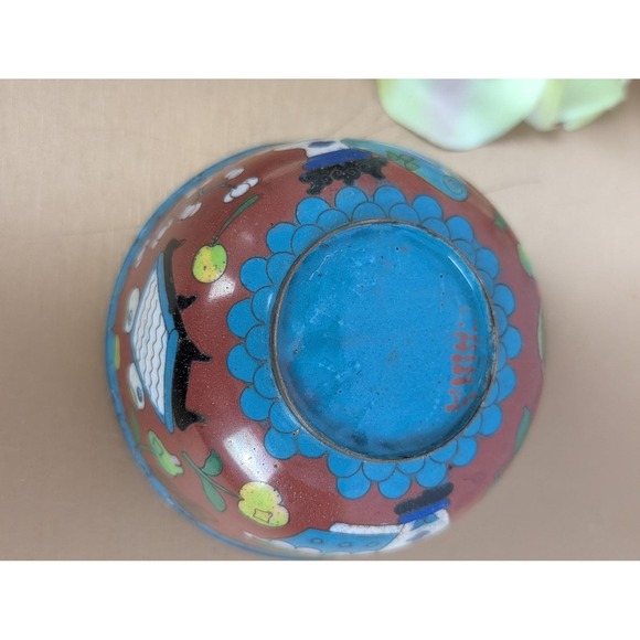 Vintage Cloisonne Enamel Bowl Floral Vase Fruit Coin Design Red Blue Trinket - Picture 6 of 6